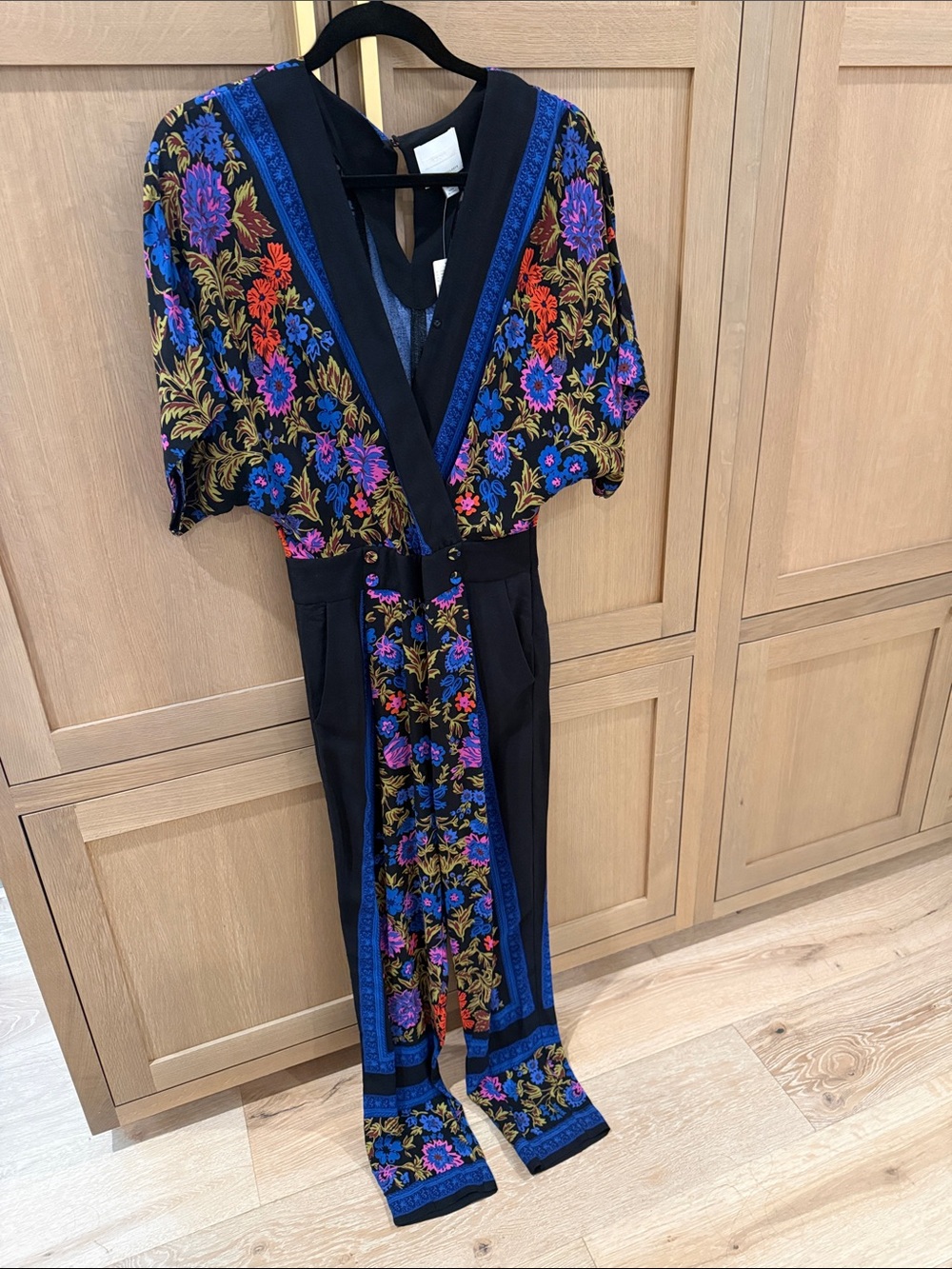 NWT Anthropologie Black Floral Jumpsuit with Blue, Purple & Red Accents